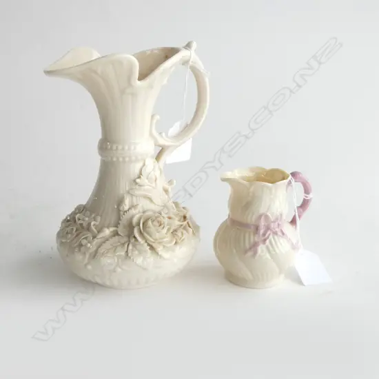 2 BELLEEK JUGS tallest green marked H.175mm