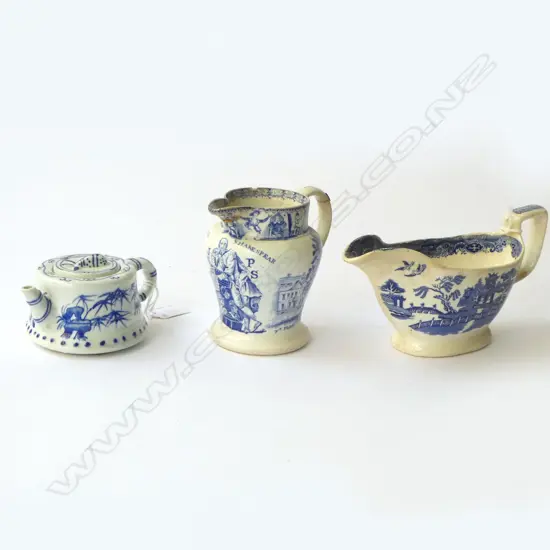 B/W WILLOW PATTERN JUG W.210mm, SHAKESPEARE JUG & SMALL ORIENTAL TEAPOT