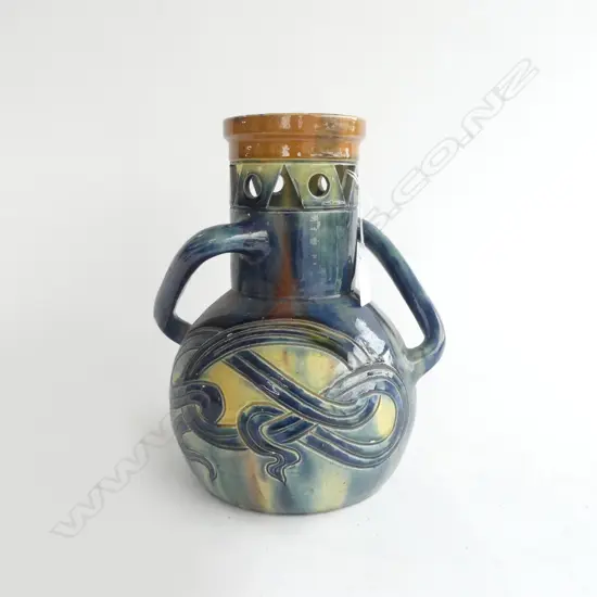 EUROPEAN ARTS & CRAFTS CELTIC DESIGN POTTERY VASE entwined knot design pr angular handles minor faults H.285mm