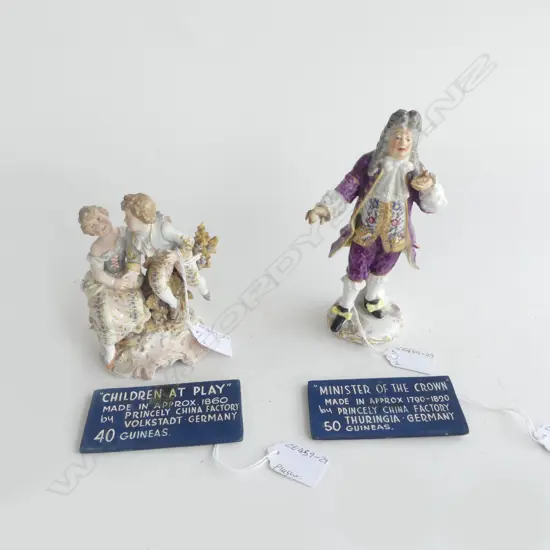 2 PCS ANTIQUE GERMAN PORCELAIN; CHILDREN at PLAY, VOLKSTEDT, H.130mm & MINISTER, H.170mm (damaged) both marked to base