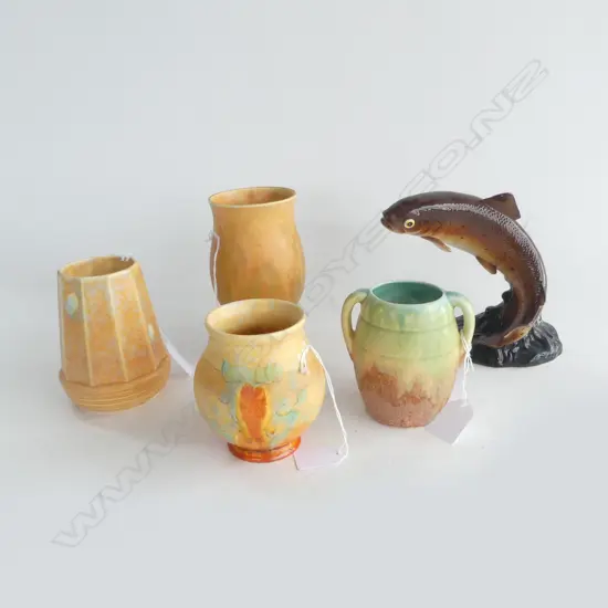 TROUT ORN H150MM & 4 SMALL DECO VASES 2 MARKED BESWICK H155MM TALLEST