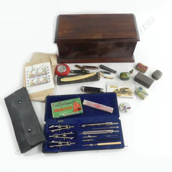 COLONIAL DEED BOX & CONTENTS STAMPS DROUGHTMANS SETS POCKET KNIVES ETC