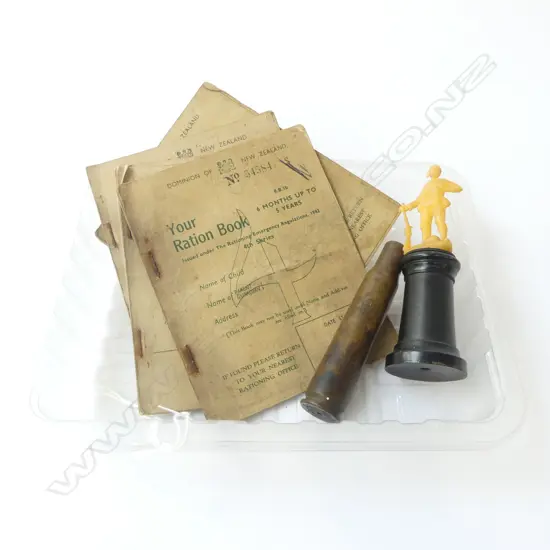 4 WWII NZ Ration Books 1945, Brass shell case, Boer War Figure 