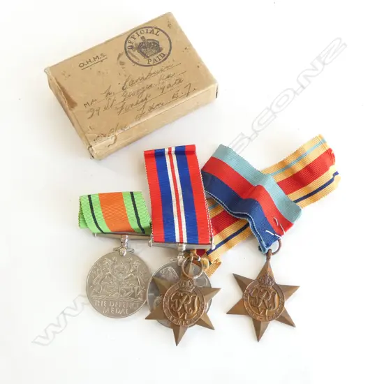 4 WWII MEDALS: BRITISH PAIR + 39-45 &  AFRICA STARS + original box & paper work for medals
