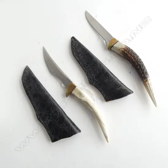 TWO HANDCRAFTED KNIVES by STEVE WHEELER?; BOTH WITH CARVED BONE HANDLES, GANET & WHALE, CUSTOM LEATHER SHEATHS, L.240mm