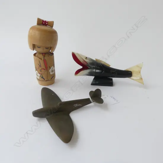 KOKESHI DOLL H.160mm, BRASS PLANE, HORN FISH