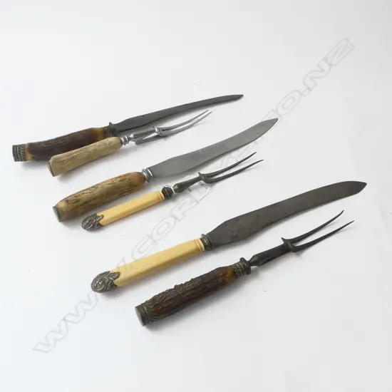 THREE PRs CARVING SETS; 2 CARVED HORN + IVORINE 'BONE'
