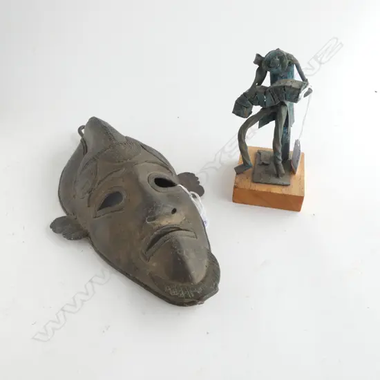 AFRICAN BRONZE or BRASS  MASK H.300mm + SCULPTURE MAN PLAYING ACCORDIAN H.155mm