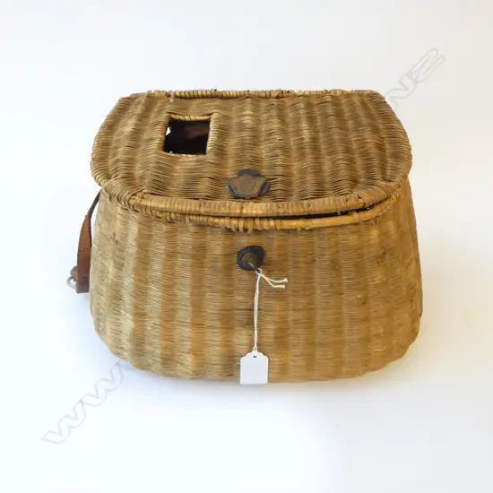 OLD FINELY WOVEN FISHING CREEL with leather strap