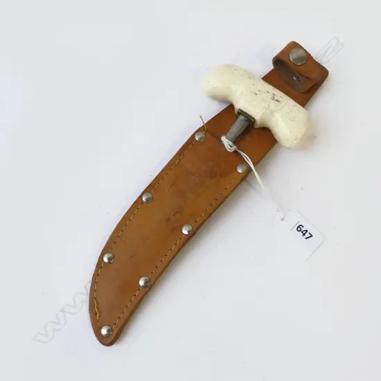 STEEL PUSH DAGGER WITH WHALE BONE HANDLE L.185mm in miss-matched leather sheath named Mora