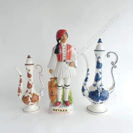 METAXA FIGURAL DECANTER H450MM & 2 CERAMIC COFFEE POTS H370 & 320MM