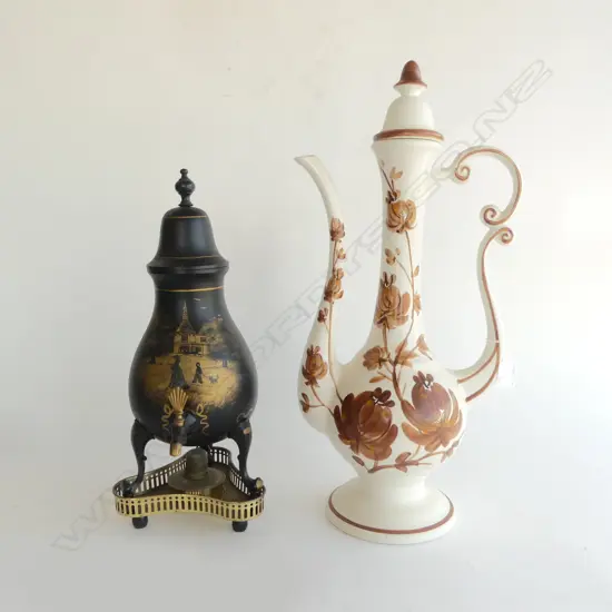 TALL POTTERY COFFEE POT H450MM & BLACK EBONIZED METAL COFFEE POT ON BURNER H400MM