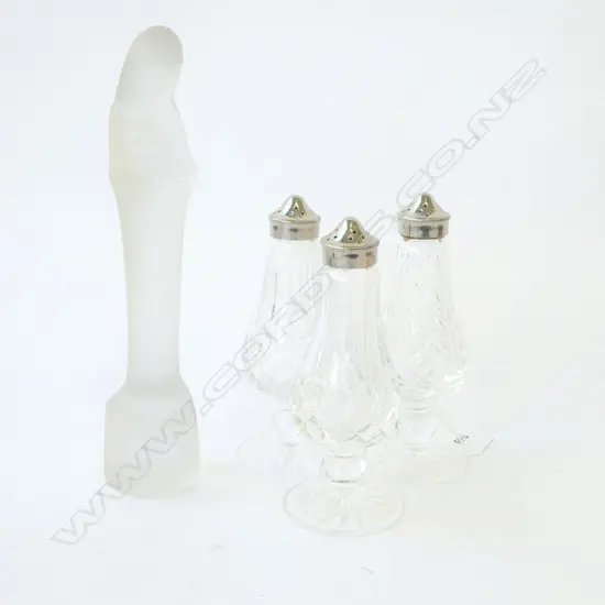 3 WATERFORD CRYSTAL CONDIMENTS H.165mm + LEERDAM FROSTED GLASS MADONNA & CHILD H.240mm