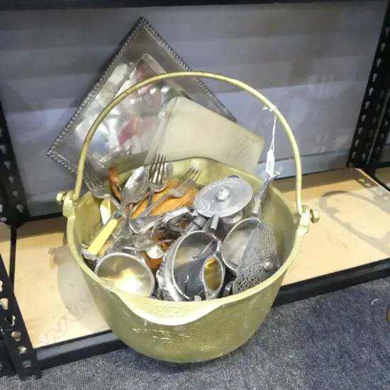 GOLD PAINTED CAST IRON POT 320mm dia, EP, WOODEN SHOE LAST ETC