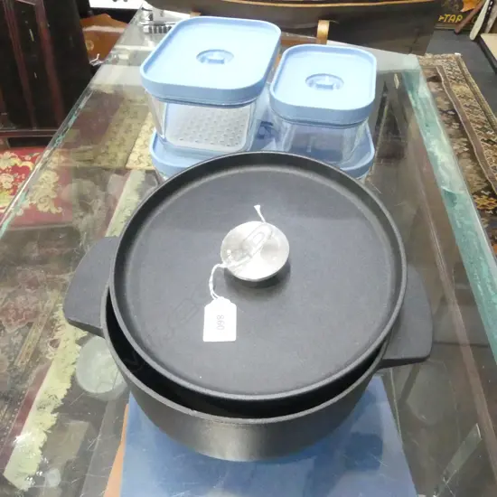 KITCHEN AID CAST IRON CASSEROLE 230mm dia + 3 KITCHEN AID GLASS FOOD CONTAINERS