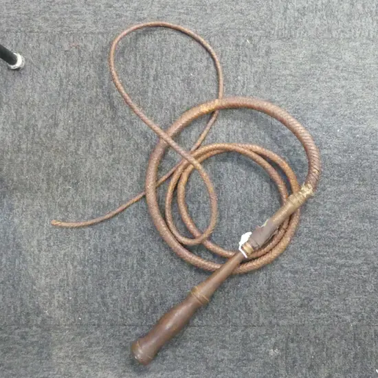 LEATHER WHIP, WOODEN HANDLE
