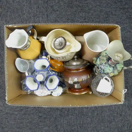 BOX LOT CHINA JUGS BISCUIT BARREL DELFT VASE ETC