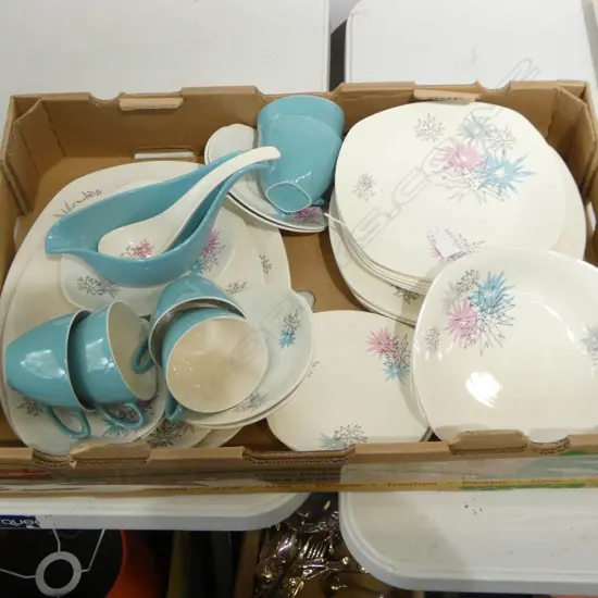 38 piece Midwinter Jessie ‘Quite Contrary’ Jessie Tait Dinner Set Fashion Shape, 2 sm underside chips. Comprising: