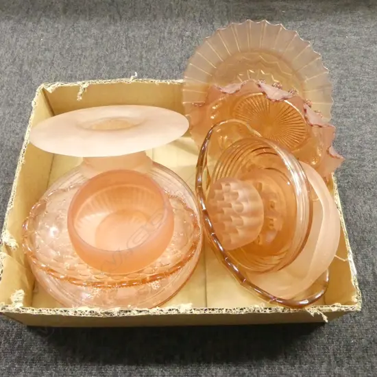 COLLECTION OF PINK DEPRESSION  GLASS BOWLS PLATES VASES ETC