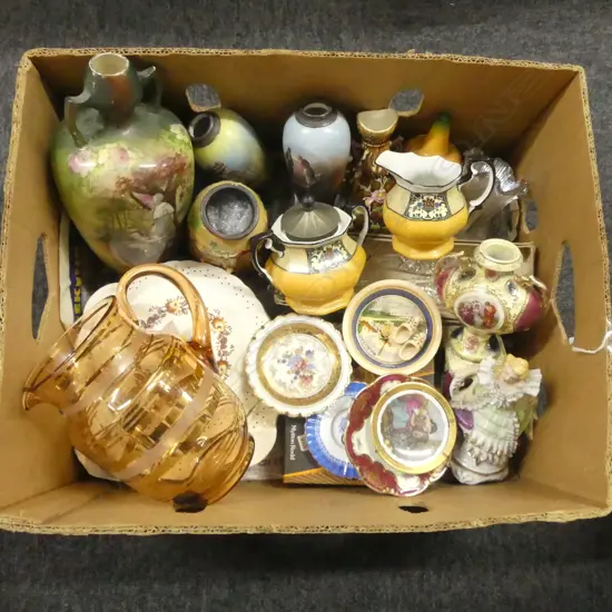 BOX OF EDWARDIAN VASES  GLASS & CHINA 