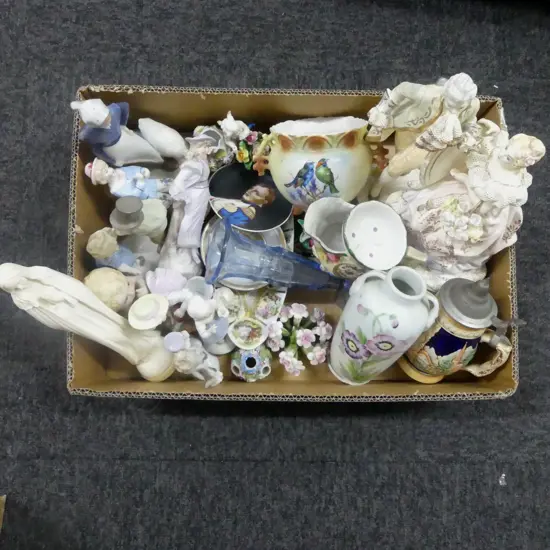 BOX LOT FIGURINES SOME FAULTS  DISHES VASES ETC