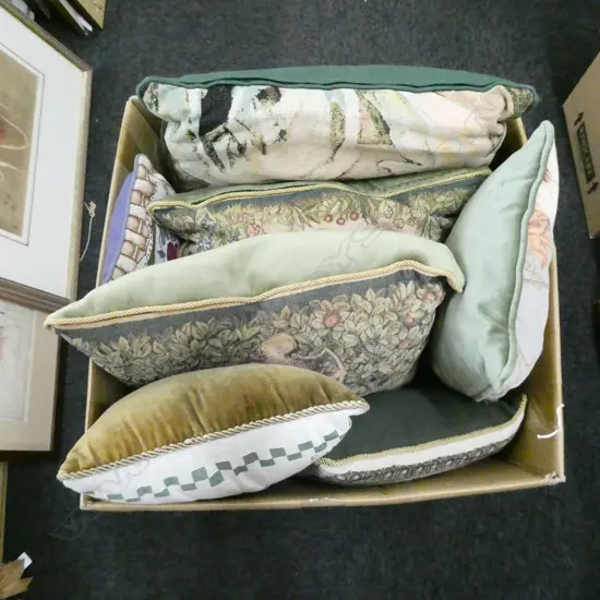 LARGE BOX OF TAPESTRY CUSHIONS LINEN ETC
