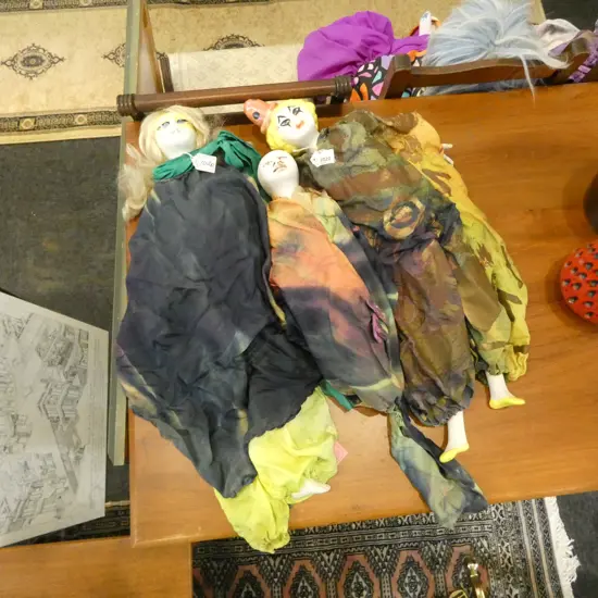 3 LEONIE ARNOLD POTTERY & SILK DRESSED DOLLS