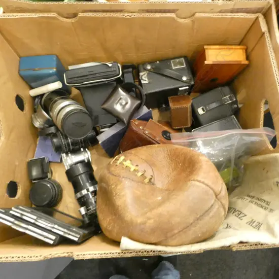 ASST. CAMERAS; BOX BROWNIES, LENSES ETC