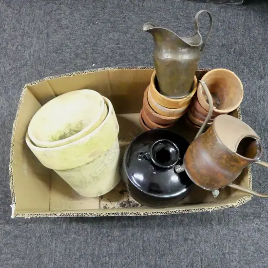 TERRACOTTA POTS, 2 METAL JUGS ETC