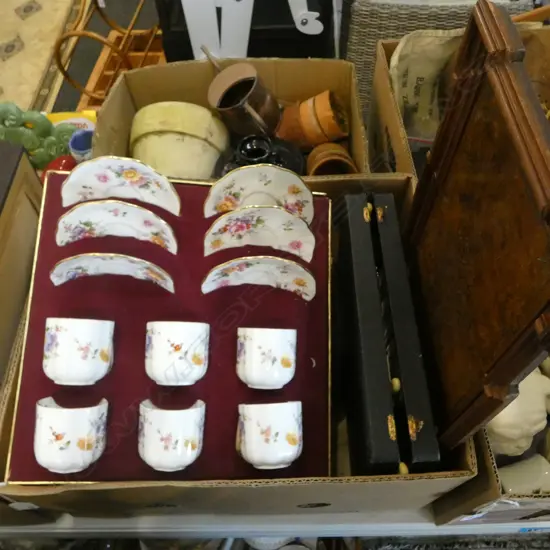 6 CROWN DERBY C/S BOXED, CROWN LYNN #87 VASE, CASED IVORINE FISH SET ETC
