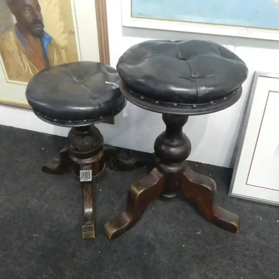 2 VICTORIAN PIANO STOOLS, BLACK LEATHER SEATS