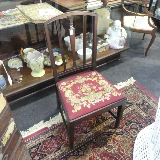 ANTIQUE MAHOGANY DINING CHAIR, NEEDLEWORK SEAT