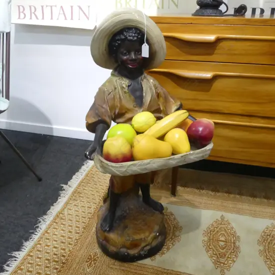 PAINTED PLASTER BOY HOLDING TRAY w. FRUIT H.780mm