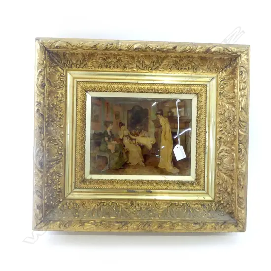 ANTIQUE CRYSTOLEUM PRINT AFTER VITTORIO REGGIANINI, 3 EARLY 19thC / REGENCY WOMEN IN INTERIOR 190x245mm