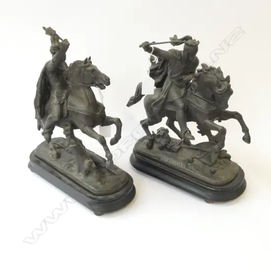 PR VICTORIAN SPELTER STATUES: 'RICHARD I' & 'EDWARD III' on horseback wielding weapons H.310mm