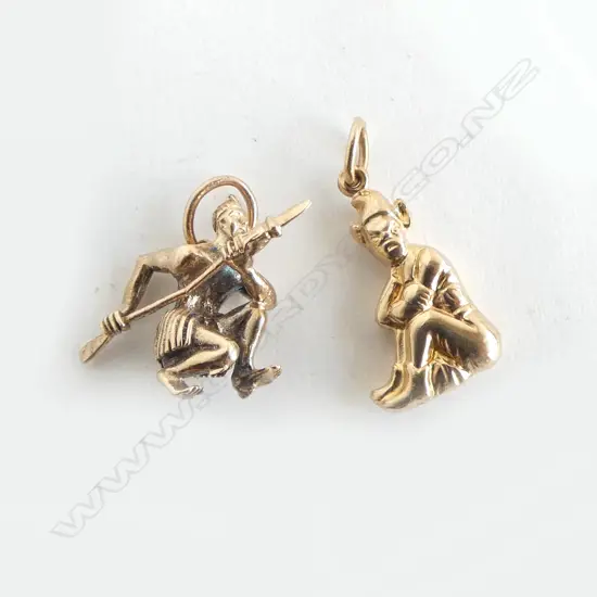2 9ct GOLD CHARMS, MAORI WARRIOR & LEPRECHAUN, 4gm