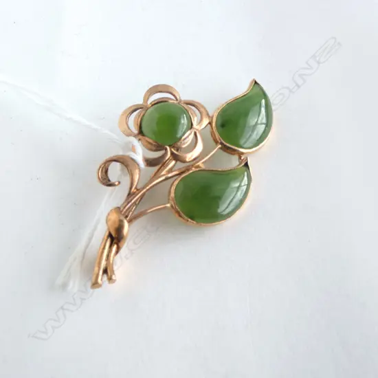 9ct ROSE GOLD & POUNAMU LEAF & FLOWER DESIGN BROOCH 6.1gms