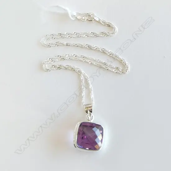 SILVER SET AMETHYST PENDANT on SILVER CHAIN