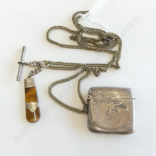 ANTIQUE ENGRAVED SILVER VESTA 26gm MINIATURE DAGUERREOTYPE PHOTO FRAME & SILVER MOUNTED TIGER'S EYE FOB