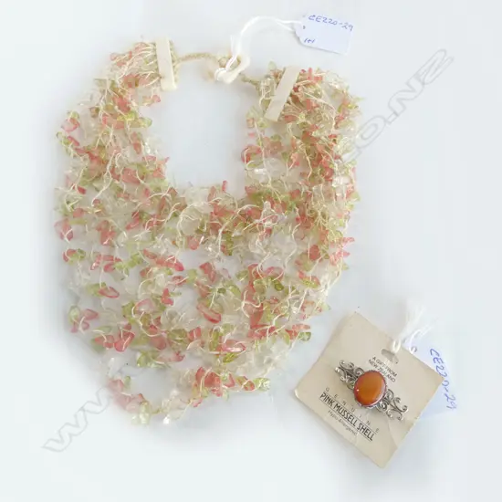 COSTUME MOP & QUARTZ MULTI STRAND NECKLACE & PINK MUSSELL SHELL BROOCH