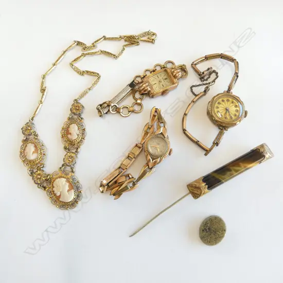 9ct GOLD MOUNTED goldstone BAR BROOCH + GOLD BEARING QUARTZ oval PANEL + 3 x plated ladies WATCHES 1 running + necklace 