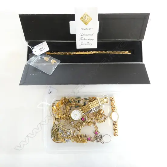 ASST. COSTUME JEWELLERY; 2 STG RINGS, 2 WATCHES, NEWTEQ4 PLATED BRACELET etc