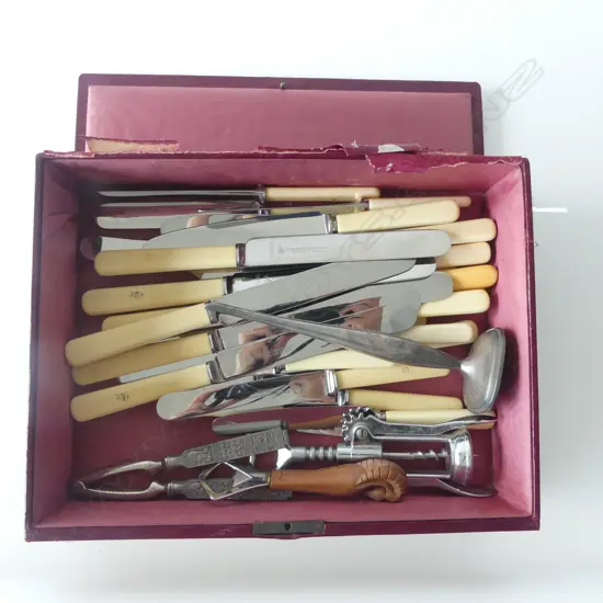 LEATHER BOX (FAULTS) WITH ASST. IVORINE 'BONE' HANDLED KNIVES & OTHER UTENSILS