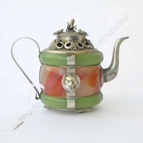 CHINESE JADE & METAL TEAPOT