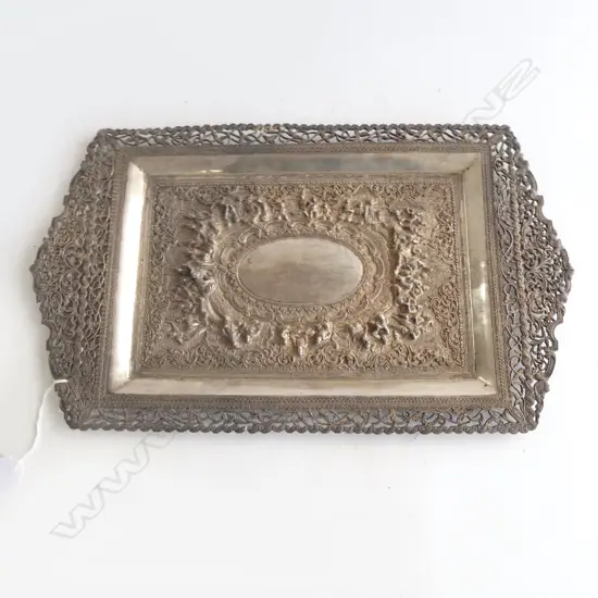 OLD THAI SILVER TRAY w HIGHLY DECORATIVE RELIEF, 410 x 240mm, 998gm