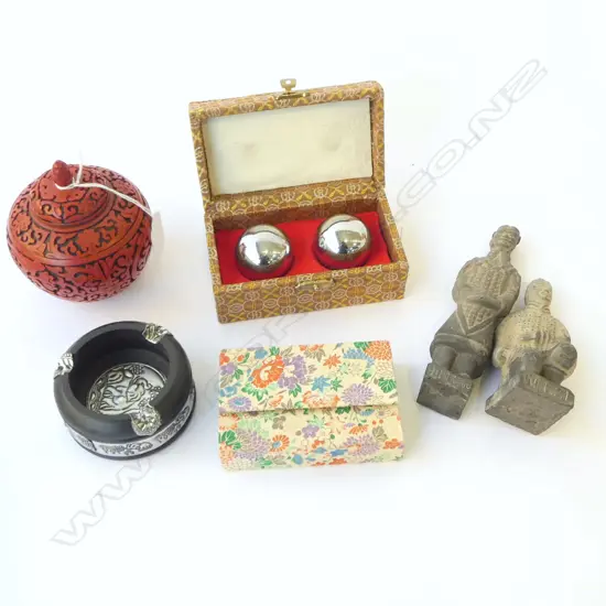 PR METAL BAODING BALLS, 2 TERACOTTA WARRIOR ORNAMENTS, FAUX CINNABAR VASE, etc