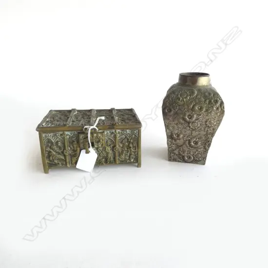 ANTIQUE BRASS RELIQUARY CASKET in GOTHIC STYLE & JAPANESE SILVER over COPPER TEA CADDY repousse decoration