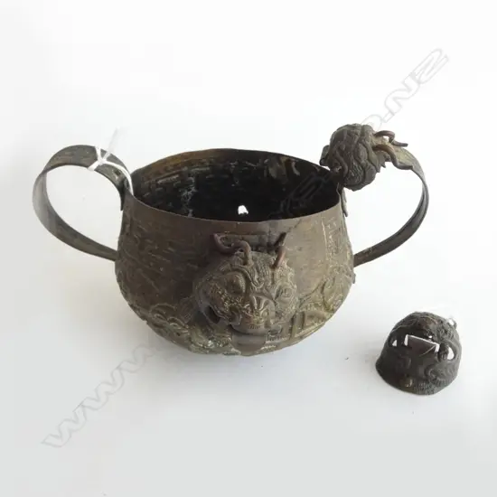 ANTIQUE CHINESE BRONZE CENSER w FOO DOG DETAIL, in aged condition w accompanying side dog for repair