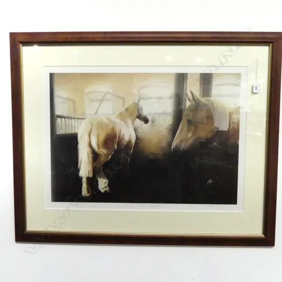 Mike Burr limited edition colour print of horses in a stable. 'Silent Rapport'. 707/850. titled. 420x600mm