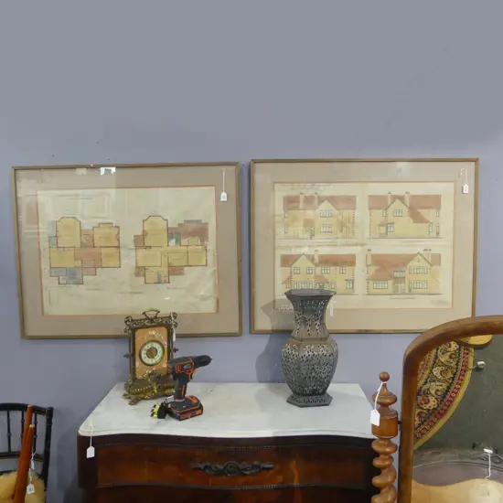 PR 1910 FRAMED ENGLISH ARCITECT'S DRAWINGS/PLANS, H.730 x960mm with framing